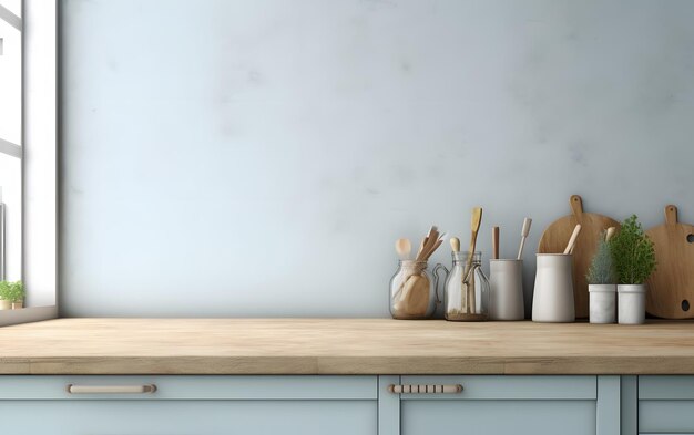 a kitchen counter with a blue countertop and a row of kitchen utensils.