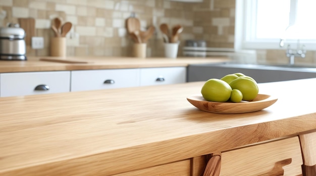 A kitchen counter with a bowl of green Granny Smith apples on it blur kitchen interior background