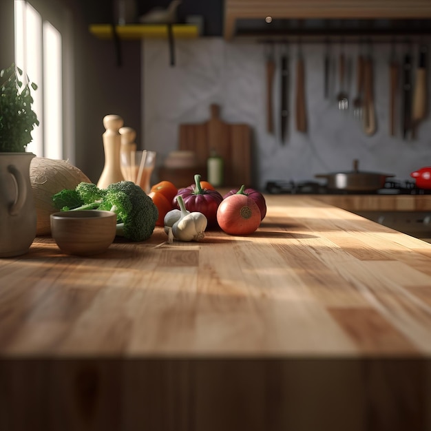 A kitchen counter with a bunch of vegetables on it