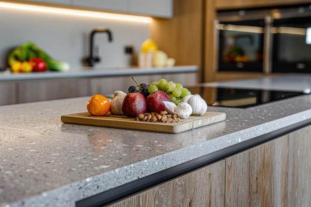 A kitchen counter with a cutting board with fruits and vegetables on it