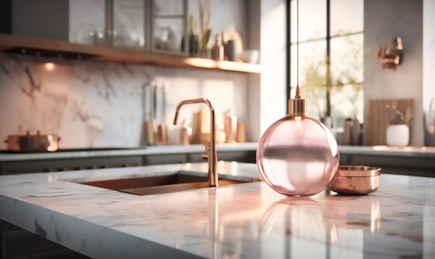 Kitchen counter with glass in background