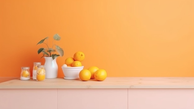 A kitchen counter with oranges and a bowl of oranges on it