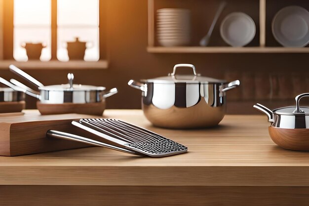 A kitchen counter with a pan and kitchen utensils on it