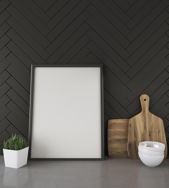 Kitchen counter with picture and black wall