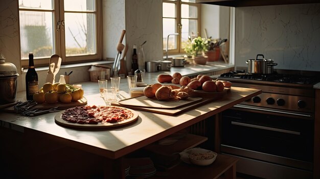 A kitchen counter with a pizza on a cutting board