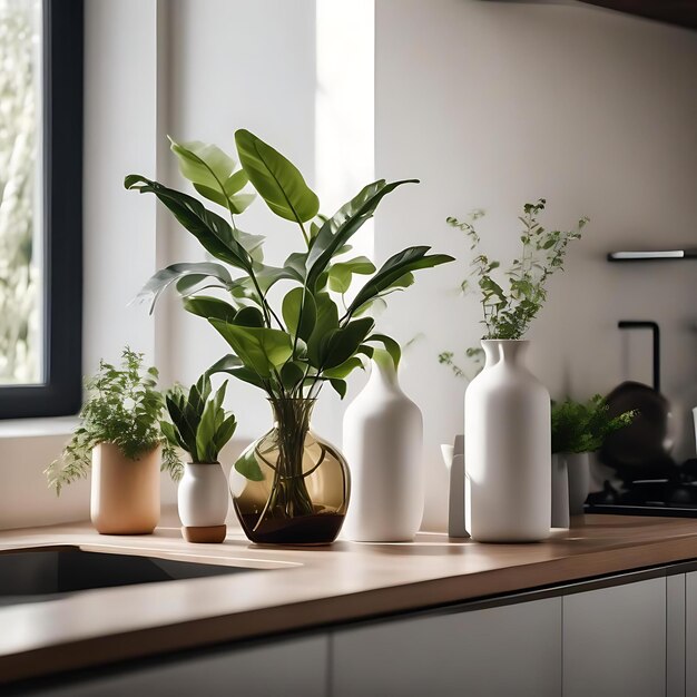 Photo a kitchen counter with plants and vases on it