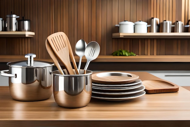 A kitchen counter with pots and pans and pans on it.