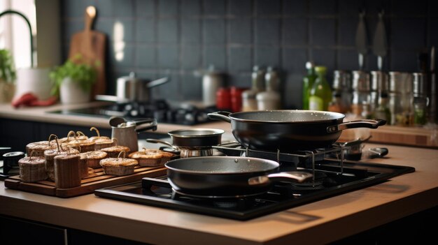 Photo a kitchen counter with pots and pans