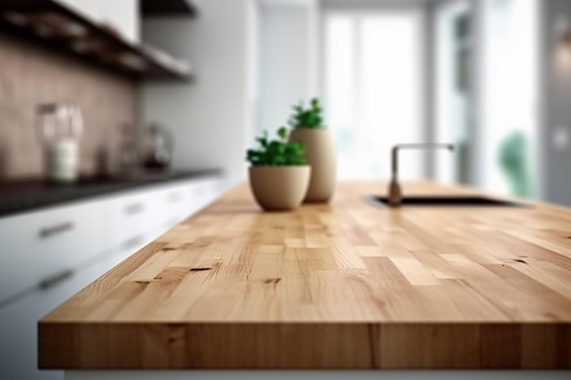 A kitchen counter with a sink and a plant on it