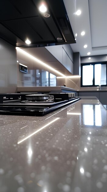 A kitchen counter with a stove and a microwave