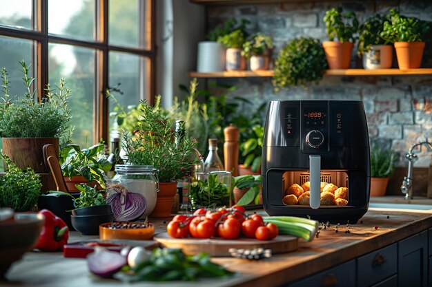 Photo a kitchen counter with a toaster oven and vegetables on it