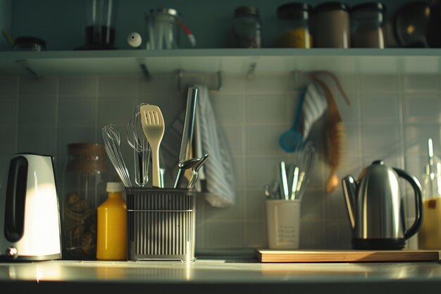 Photo a kitchen counter with utensils and a kettle perfect for showcasing a wellequipped kitchen ideal for home decor or cookingrelated projects