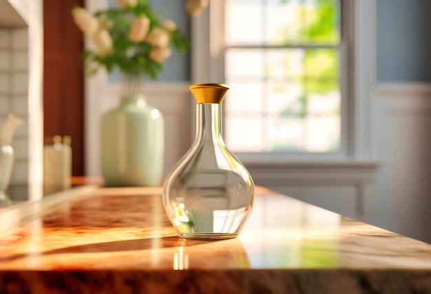 A kitchen counter with a vase on it