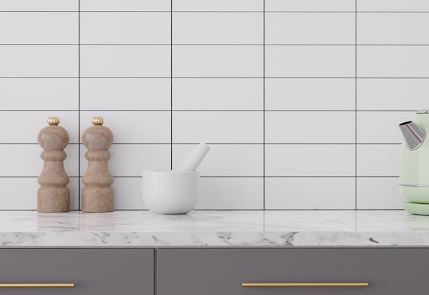 A kitchen counter with a white tile wall and a wooden kitchen utensil on it.