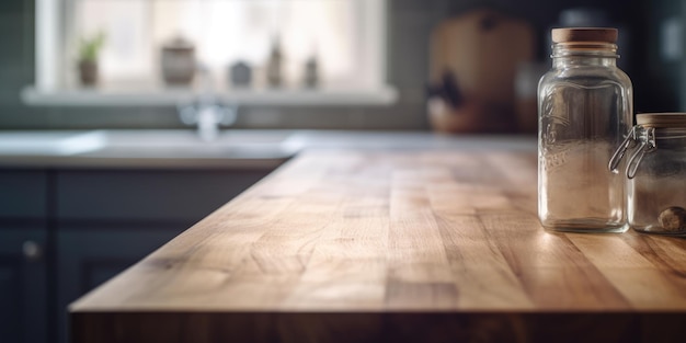 A kitchen counter with a wooden countertop that has a white sink in the background.