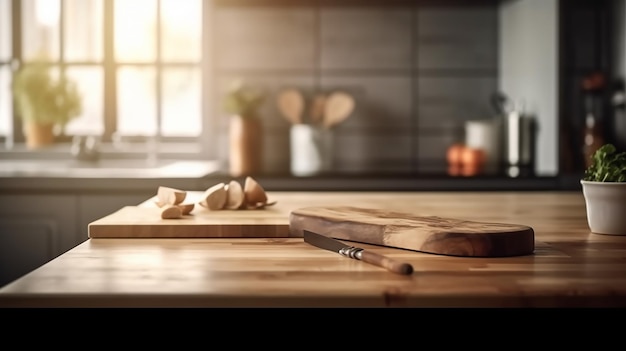 A kitchen counter with a wooden cutting board and a knife on it.