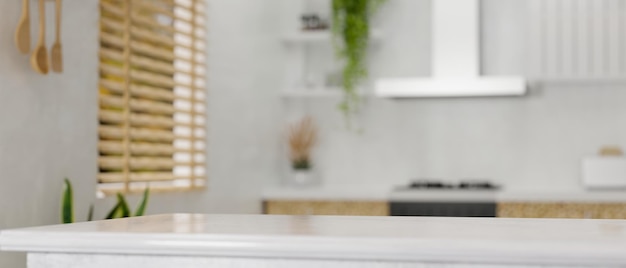 Kitchen countertop over blurred Scandinavian kitchen interior design in the background