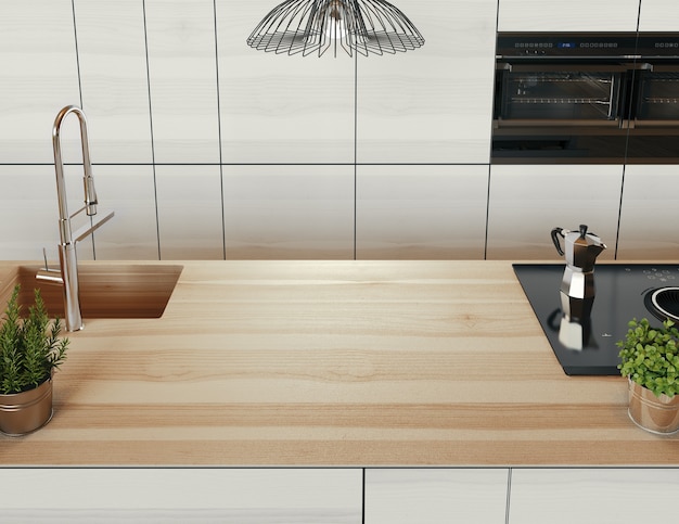 Piano di lavoro della cucina. soggiorno moderno di lusso, divano moderno. illustrazione di rendering 3d.