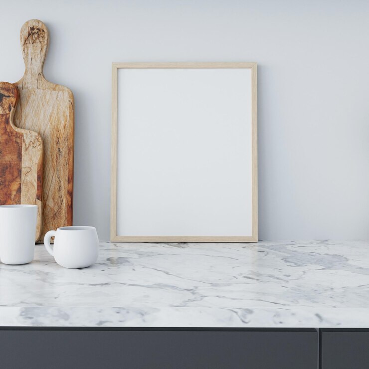 Photo kitchen countertop with art display and chopping board