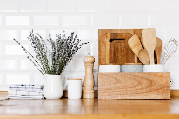 Kitchen in country style and lavender flowers