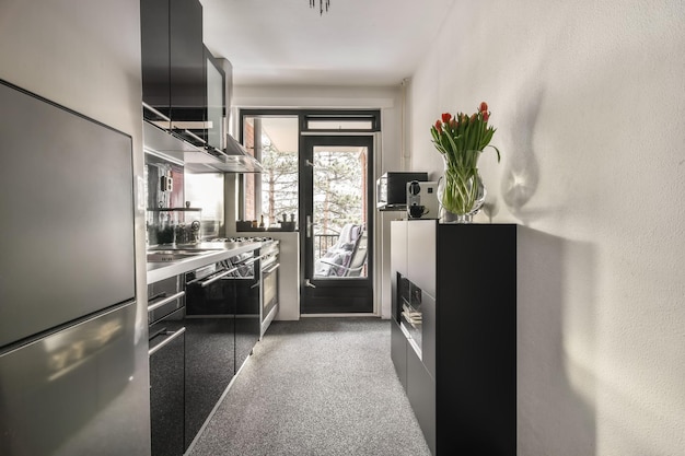 Kitchen in dark colors with modern appliances and carpet on the floor in a cozy house