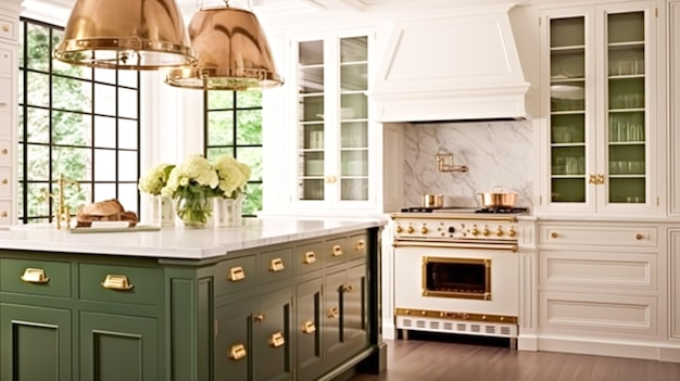 Premium AI Image  Kitchen decor interior design and house improvement  bespoke sage green English in frame kitchen cabinets countertop and  appliance in a country house elegant cottage style idea