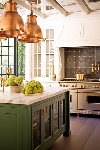 Premium AI Image  Kitchen decor interior design and house improvement  bespoke sage green English in frame kitchen cabinets countertop and  appliance in a country house elegant cottage style