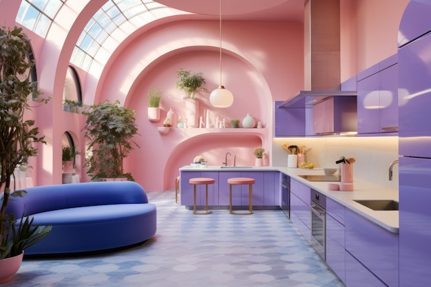 kitchen design in the style of light pink and light indigo bold curves marble Generative AI