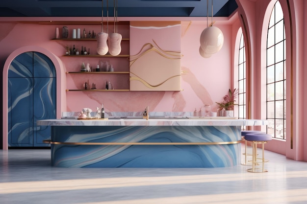 дизайн кухни в стиле светло-розового и светло-индиго смелые кривые мрамор Генеративный ИИ