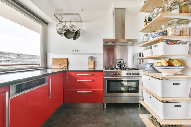 Kitchen design with bright red kitchen set