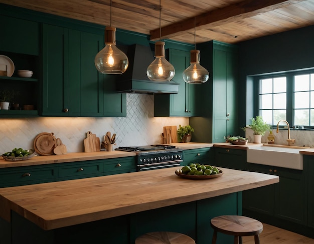 Kitchen Design with Moody Green Palette and Wood