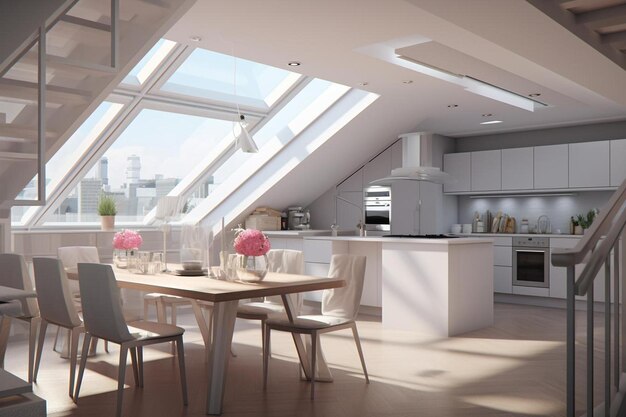 A kitchen and dining room with a skylight