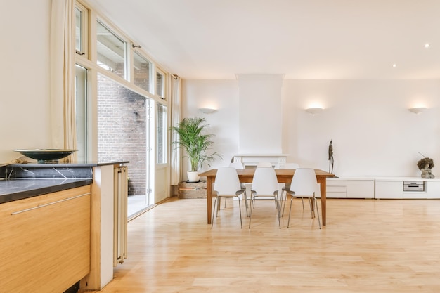 Kitchen and dining zone in modern apartment