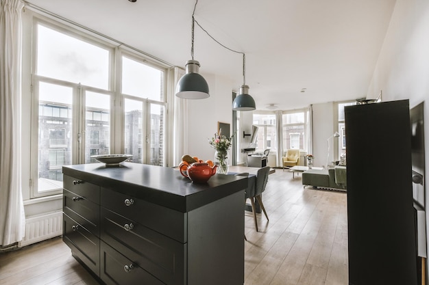 Kitchen and dining zone in modern apartment