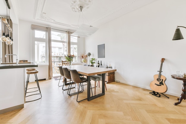 Kitchen and dining zone in modern apartment