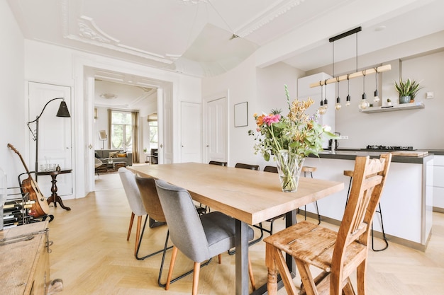 Kitchen and dining zone in modern apartment