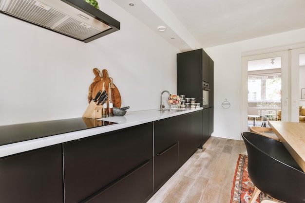 Kitchen and dining zone in studio apartment