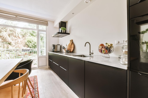 Kitchen and dining zone in studio apartment