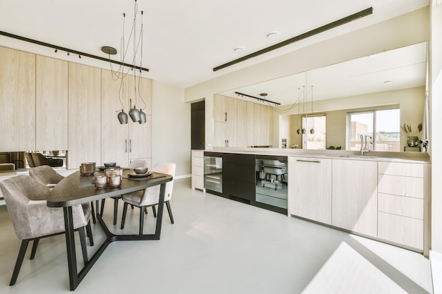 Kitchen and dining zone in studio apartment