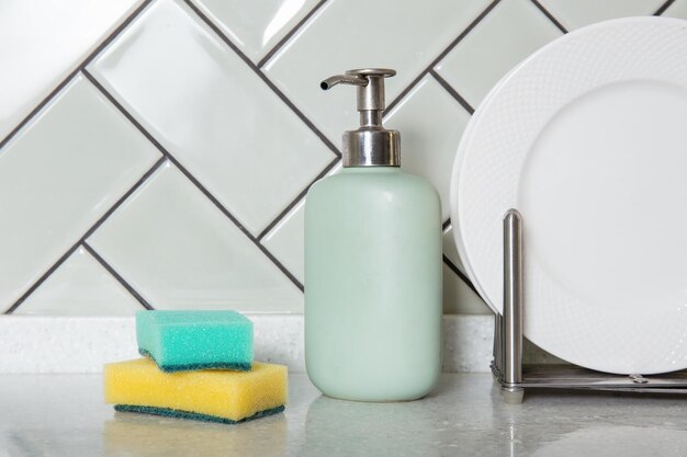 Kitchen Dishwashing Essentials on Countertop