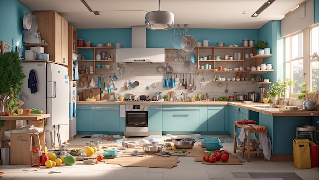 a kitchen filled with lots of clutter and dishes