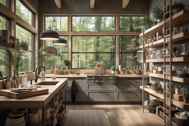 A kitchen filled with lots of wooden shelves AI generative image Kitchen in Norwegian house