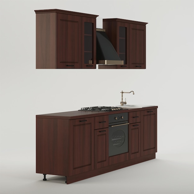 Kitchen. Furniture and kitchen equipment on a white background. Clipping path included. 3D rendering.