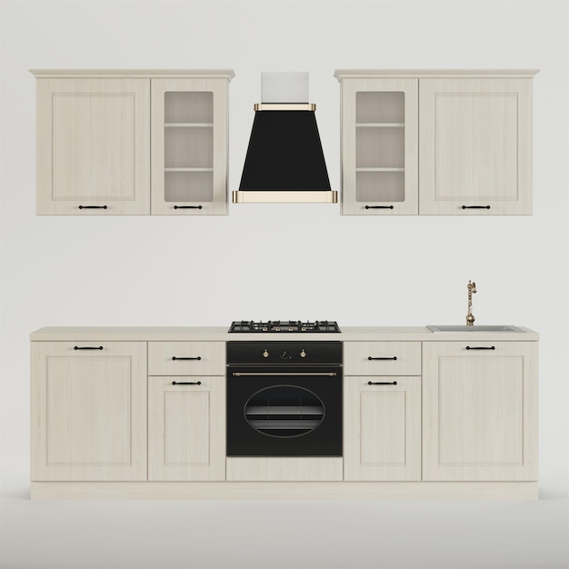 Kitchen. Furniture and kitchen equipment on a white background. Clipping path included. 3D rendering.