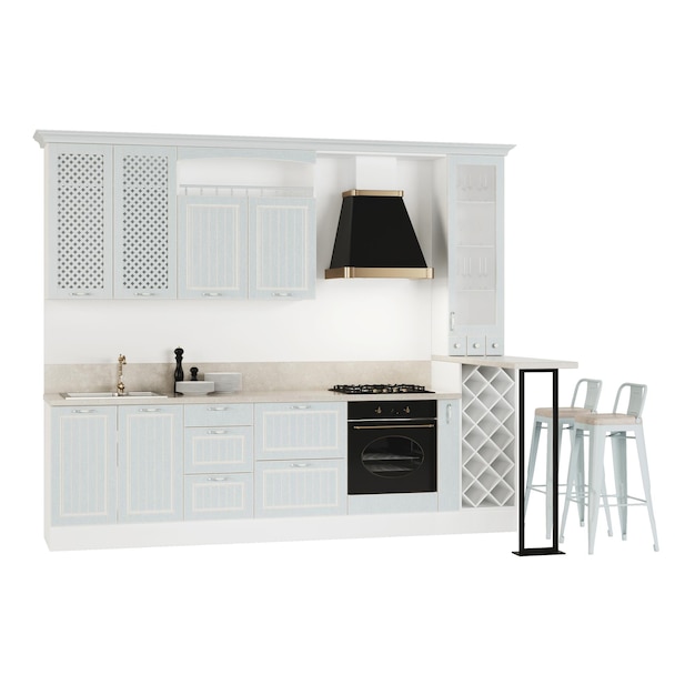 Kitchen. furniture and kitchen equipment on a white background.\
clipping path included. 3d rendering.