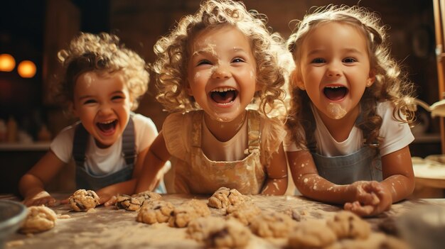 На кухне счастливая семья с забавными детьми печет печенье Generative Ai