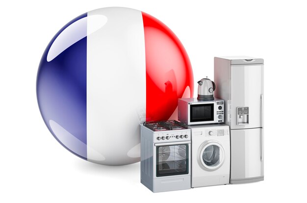 Kitchen and household appliances with French flag Production shopping and delivery of home appliances in France concept 3D rendering