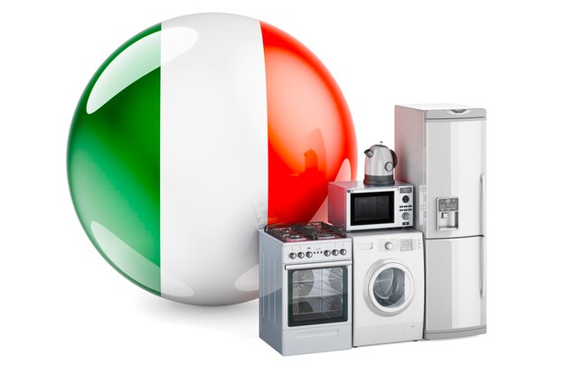 Foto cucina ed elettrodomestici con bandiera irlandese produzione, acquisto e consegna di elettrodomestici in irlanda, concetto di rendering 3d