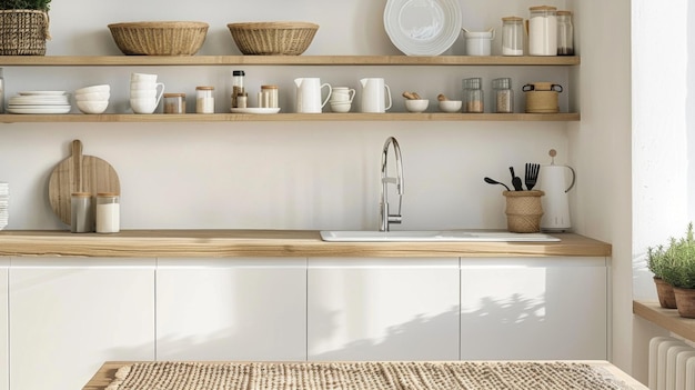 The kitchen incorporates scandinavian simplicity with its sleek white cabinetry and light wood