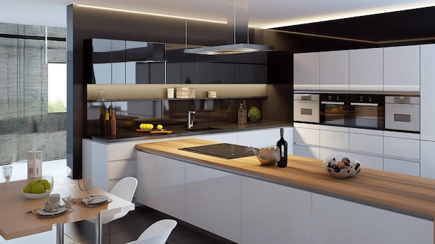 Kitchen interior design in loft style dark colors dark background elements of wood chrome